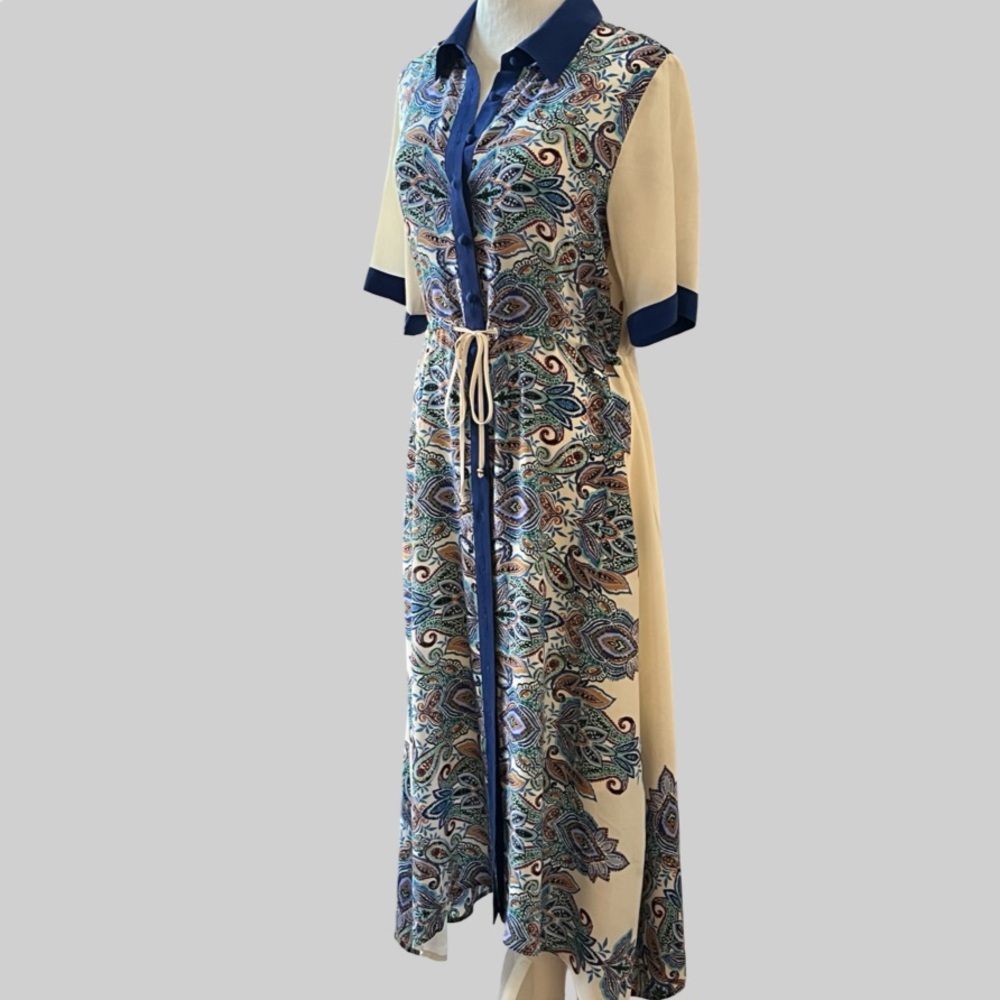 Johnny Was Cream and Blue High-Low Button-Front Midi Dress Size Small - Picture 5 of 16